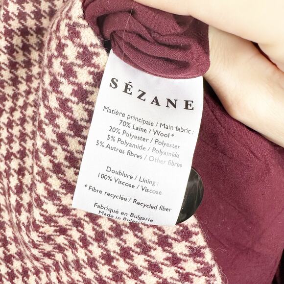 Sezane Erza Burgundy Mini Houndstooth Wool Button Shoulder Mini Dress EU 34 US 2 - Picture 7 of 10